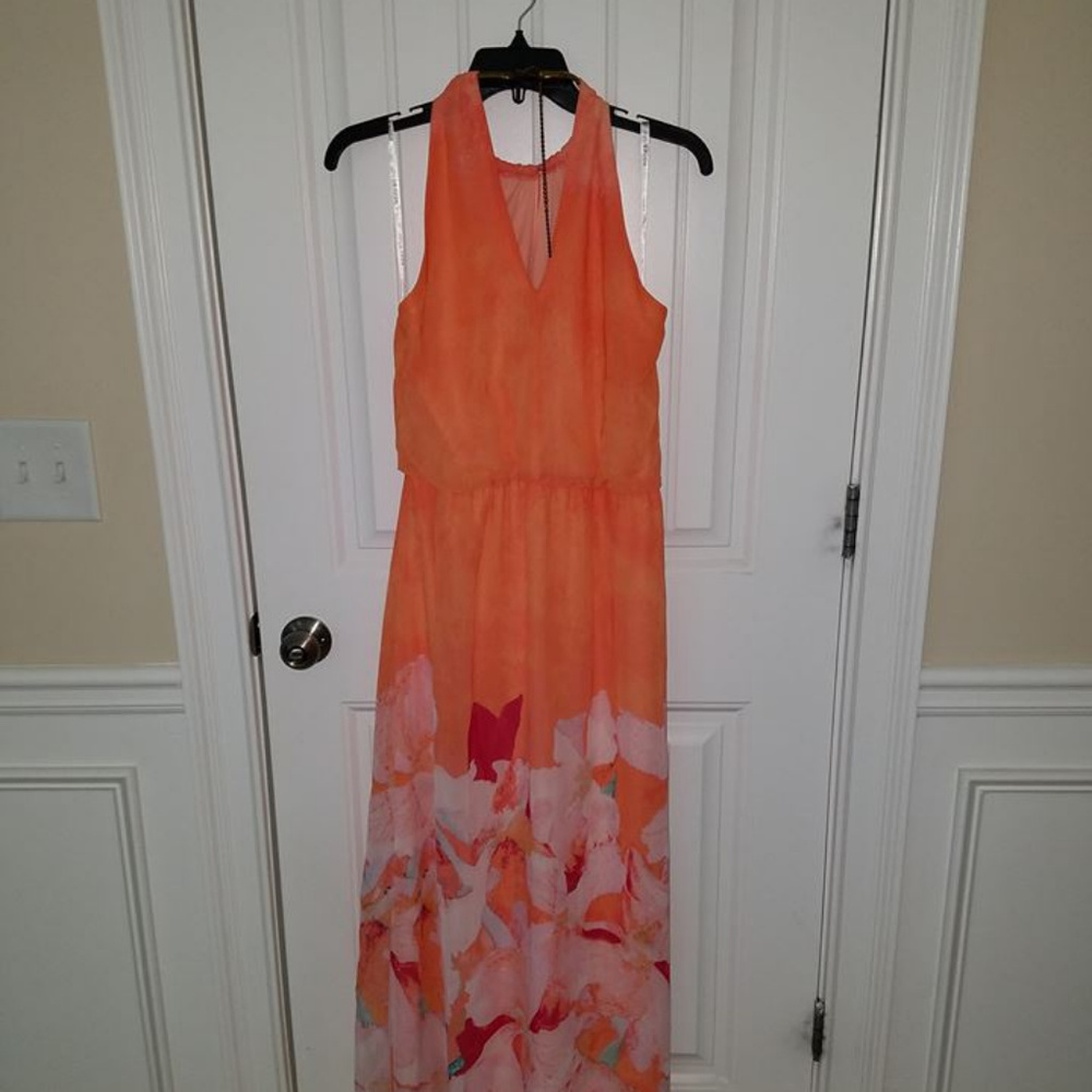 Bisou Bisou Floral Coral/orange maxi dress size 12